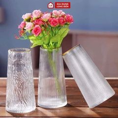 Lọ hoa thủy tinh viền vàng Bình hoa thủy tinh dáng trụ vát cao 21,5 cm decor trang trí