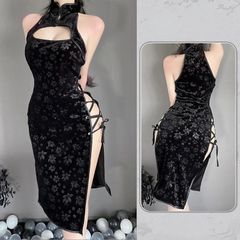 Váy Sườn Xám Đan Dây Hông Sexy Nhung Họa Tiết Hoa Mềm Mịn Gợi Cảm Đồ Ngủ Cosplay Cổ Trang Xẻ Tà Quyến Rũ - N785 Đen