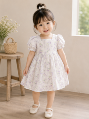 Hàng QC - Váy hoa tím tay bồng dáng xòe vintage hàn quốc mùa hè cho bé gái