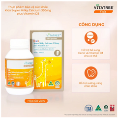 Viên uống bổ sung canxi, Vitamin D3, giúp xương răng chắc khoẻ Vitatree Kids Super Milky Calcium 330mg plus Vitamin D3 (Hộp 60 viên)