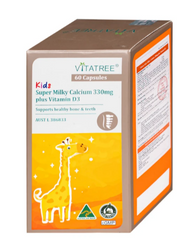 Viên uống bổ sung canxi, Vitamin D3, giúp xương răng chắc khoẻ Vitatree Kids Super Milky Calcium 330mg plus Vitamin D3 (Hộp 60 viên)