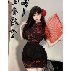 Cosplay Sườn Xám Cách Tân Kèm Tạp Dề Siêu Xinh Dễ Thương Set Đồ Cổ Trang Trung Hoa Xẻ Tà Gợi Cảm - N386 Đen