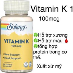 [MỸ] Viên vitamin K 1 ( phylloquinone) 100mcg Solaray 100 viên Bổ sung chế độ ăn uống, thuần chay.