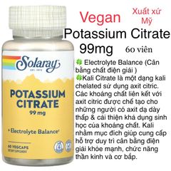 [MỸ] Viên Potassium Citrate 99 mg vegan 60 viên Solaray  hỗ trợ cân bằng điện giải khỏe mạnh, chức năng thần kinh cơ bắp