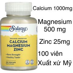 [MỸ] Viên Calcium 1000 mg , Magnesium 500mg  Zinc 25mg Solaray 100 viên