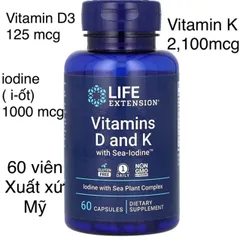 [MỸ] viên vitamin D & K with  Sea-Iodine ( i-ốt) 60 viên Life Extension bổ sung vitamin khoáng chất cơ thể