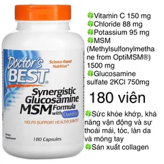 [MỸ] Viên Synergistic Glucosamine MSM Formula with OptiMSM Doctor's Best tóc, làn da và móng tay khớp sụn xương