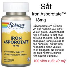 [MỸ] Viên Iron Asporotate™ 18mg 100 viên Solaray bổ sung vitamin sắt khoáng chất cho cơ thể