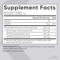 Viên uống Dầu cá Omega-3 Sports Research® 1250mg - hỗ trợ bổ sung dầu cá ba lần mạnh từ cá tuyết hoang dã của Mỹ