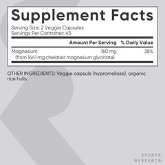 Viên uống Magie Glycinate Sports Research - Hỗ trợ giấc ngủ ngon và quá trình enzyme - Magie chelat 160 mg - Viên nang thuần chay - 90 viên của Mỹ