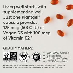Vitamin D3 + K2 Sports Research®  với Dầu Dừa - Vitamin D Thuần Chay 5000IU & Mk7 Vitamin K 100mcg hỗ trợ xương và hệ miễn dịch của Mỹ