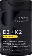 Vitamin D3 + K2 Sports Research®  với Dầu Dừa - Vitamin D Thuần Chay 5000IU & Mk7 Vitamin K 100mcg hỗ trợ xương và hệ miễn dịch của Mỹ