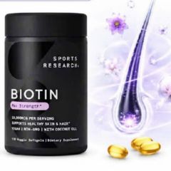 Viên uống Sports Research Biotin Max Strength 120 viên - Hỗ trợ sức khỏe cho Da/Tóc/Móng - SP Chuẩn Mỹ
