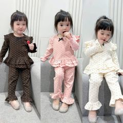 Bộ thun dài tay bèo chấm bi đính nơ xinh xắn dễ thương điệu đà thu đông cho bé gái phong cách hàn quốc