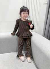 Bộ thun dài tay bèo chấm bi đính nơ xinh xắn dễ thương điệu đà thu đông cho bé gái phong cách hàn quốc