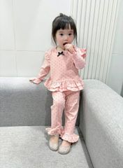 Bộ thun dài tay bèo chấm bi đính nơ xinh xắn dễ thương điệu đà thu đông cho bé gái phong cách hàn quốc