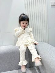 Bộ thun dài tay bèo chấm bi đính nơ xinh xắn dễ thương điệu đà thu đông cho bé gái phong cách hàn quốc