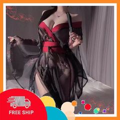 (Che Tên Khi Giao) Đồ Cosplay Kimono Nhật Bản Xuyên Thấu Xẻ Tà Sexy Gợi Cảm Set Cổ Trang Hanfu Đen Xẻ V1 Quyến Rũ Tinh Tế - N343 Bảo Mật Tuyệt Đối
