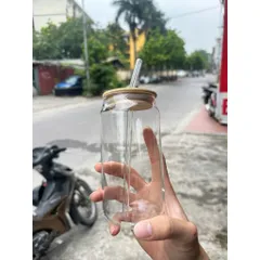 Ly thủy tinh nắp tre kèm ống hút 450ml – Cốc thủy tinh chịu nhiệt uống cà phê, trà sữa, nước ép