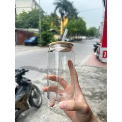 Ly thủy tinh nắp tre kèm ống hút 450ml – Cốc thủy tinh chịu nhiệt uống cà phê, trà sữa, nước ép