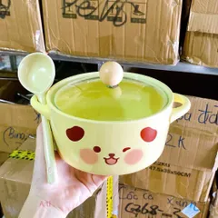 Bát Sứ Kèm Thìa Hình Lợn Hồng - Gấu Vàng Có Nắp | Bát Ăn Mì, Cơm, Cháo, Canh Dễ Thương