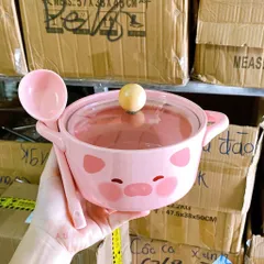 Bát Sứ Kèm Thìa Hình Lợn Hồng - Gấu Vàng Có Nắp | Bát Ăn Mì, Cơm, Cháo, Canh Dễ Thương