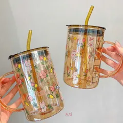 Cốc Nước Thủy Tinh Hổ Phách 1000ml Có Ống Hút – Họa Tiết Thỏ Garden Rabbit Xinh Xắn, Chịu Nhiệt Tốt