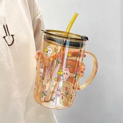 Cốc Nước Thủy Tinh Hổ Phách 1000ml Có Ống Hút – Họa Tiết Thỏ Garden Rabbit Xinh Xắn, Chịu Nhiệt Tốt