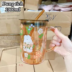 Cốc Nước Thủy Tinh Hổ Phách 1000ml Có Ống Hút – Họa Tiết Thỏ Garden Rabbit Xinh Xắn, Chịu Nhiệt Tốt