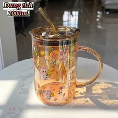Cốc Nước Thủy Tinh Hổ Phách 1000ml Có Ống Hút – Họa Tiết Thỏ Garden Rabbit Xinh Xắn, Chịu Nhiệt Tốt