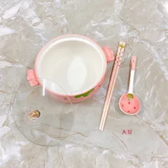 Tô sứ dâu kèm nắp kính + muỗng + đũa siêu xinh – vừa dùng vừa decor