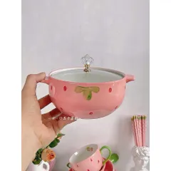 Tô sứ dâu kèm nắp kính + muỗng + đũa siêu xinh – vừa dùng vừa decor