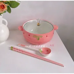 Tô sứ dâu kèm nắp kính + muỗng + đũa siêu xinh – vừa dùng vừa decor