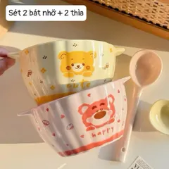 🐻 Set 2 Bát Ăn Sứ Kèm 2 Thìa Cho Bé – Thiết Kế Dễ Thương, An Toàn Cho Trẻ Nhỏ 🍓