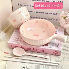 Set Bát Sứ 4 Món Họa Tiết Nơ Hồng Cao Cấp - Quà Tặng Ý Nghĩa, Tô Điểm Gian Bếp