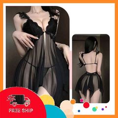 (Che Tên Khi Giao) Váy Ngủ Nữ Xuyên Thấu Có Mút Ngực Khoá Đầm Cánh Tiên 2 Dây Xẻ Tà Trước - N155 Đen Cao Cấp Bảo Đảm