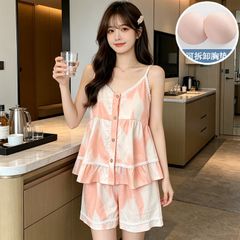 Bộ Đồ Ngủ Nữ Cotton Mùa Hè Áo 2 Dây Đệm Ngực Quần Đùi Rằn Ri Viền Ren Dễ Thương Thoáng Mát Pyjama Nữ Mặc Nhà
