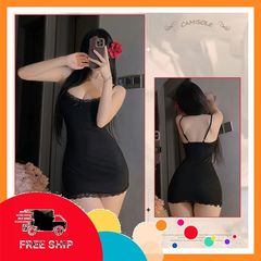 (Che Tên Khi Giao) Váy Ngủ Ôm Body Tôn Dáng Phối Ren Siêu Xinh Đầm 2 Dây Xẻ Ngực Sang Chảnh Quyến Rũ - N258 Đen Hộp Trắng Kín