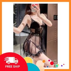 (Che Tên Khi Giao) Váy Ngủ Tiểu Thư Ren Xuyên Thấu Sexy Gợi Cảm Cột Nơ Dễ Thương Đầm Công Chúa Xẻ Tà Chấm Bi Quyến Rũ - N235 Đen Bảo Mật Tuyệt Đối