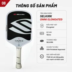 Vợt Pickleball Selkirk OMNI Elongated, lõi tổ ong, bản 16mm, mặt nhám carbon T700 n màu trắng đen