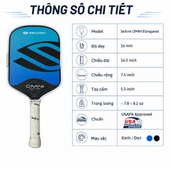 Vợt Pickleball Selkirk OMNI Elongated, lõi tổ ong, bản 16mm, mặt nhám carbon T700, màu xanh đen