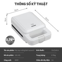 Máy Làm Bánh Sandwich Lebenlang LBL1481 Công Suất 600W, Máy Kẹp Nướng Bánh Khuôn Tam Giác Chống Dính