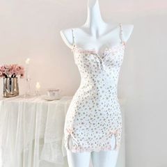 Váy Ngủ Hoa Nhí 2 Dây Phối Ren Siêu Xinh Gợi Cảm Đầm Ôm Body Hoa Hồng Tím Quyến Rũ Ngọt Ngào - N232 Trắng Hoa Trà
