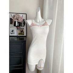 Váy Ngủ Sexy Ôm Body Tôn Dáng Phối Ren Choker Đầm 2 Dây Mặc Nhà - N163 Trắng