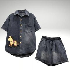 Bộ quần áo Jean mềm cạp chun khuy bấm thêu hình nổi, set Jean nữ thêu ngựa sang chảnh- Màu đen khói size (50kg-55kg