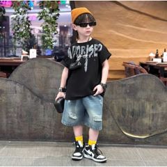 [ Thanh lý] Bộ quần áo bé trai cotton 4 chiều form rộng, quần jean rách phong cách Hàn