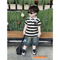 Bộ quần áo bé trai cotton thun cổ polo sọc ngang +quần bò ngố – Phong cách Hàn Quốc năng động
