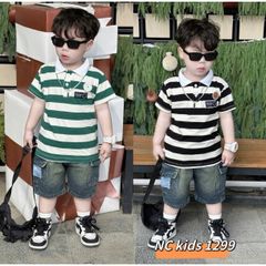 Bộ quần áo bé trai cotton thun cổ polo sọc ngang +quần bò ngố – Phong cách Hàn Quốc năng động