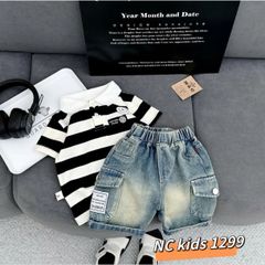 Bộ quần áo bé trai cotton thun cổ polo sọc ngang +quần bò ngố – Phong cách Hàn Quốc năng động