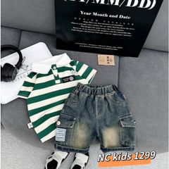 Bộ quần áo bé trai cotton thun cổ polo sọc ngang +quần bò ngố – Phong cách Hàn Quốc năng động